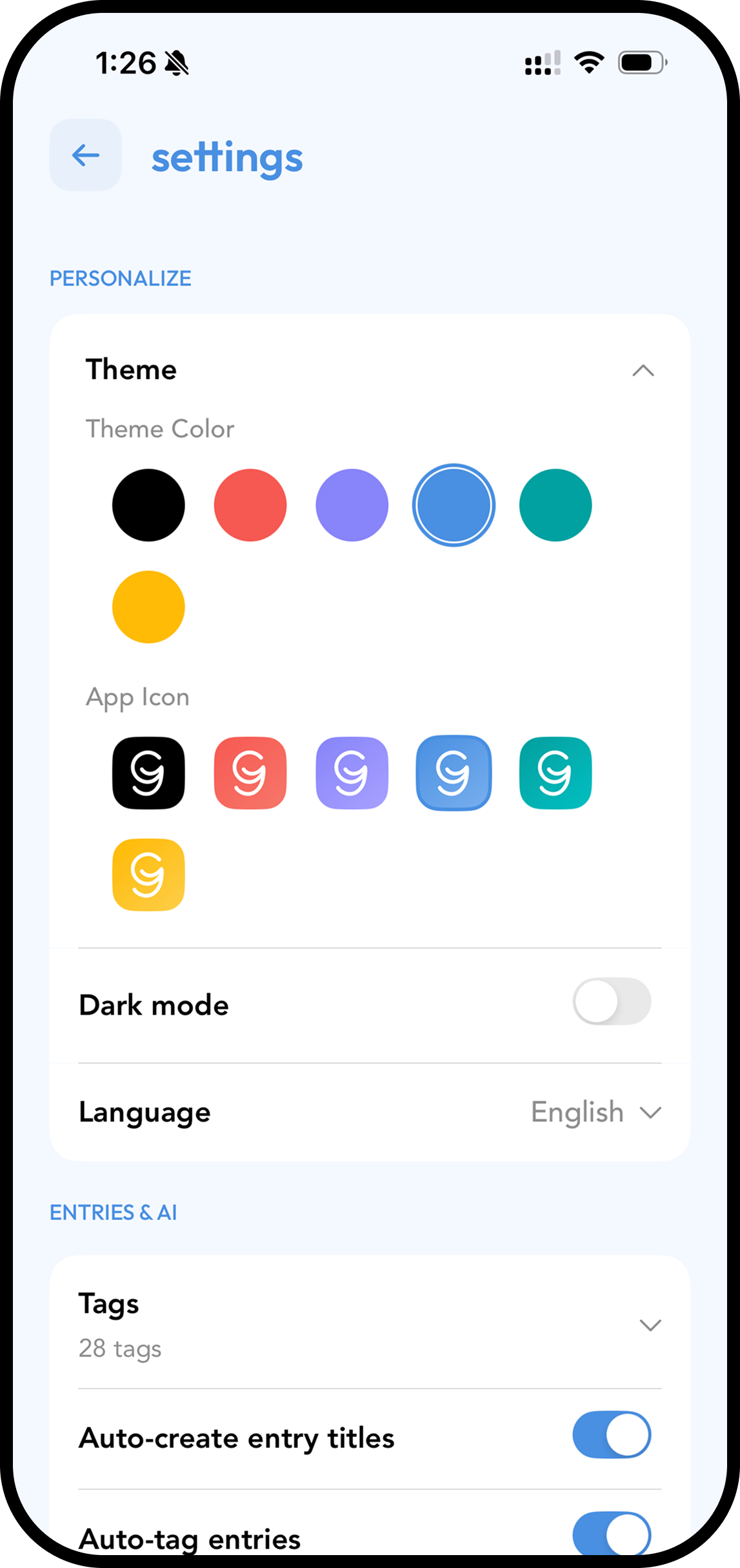 Personalization options in Glimpse